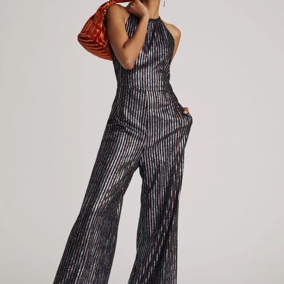 COPY - Anthropologie Maeve Disco Halter Neck Jumpsuit Rainbow Sequin Wide Leg S… - Picture 3 of 4